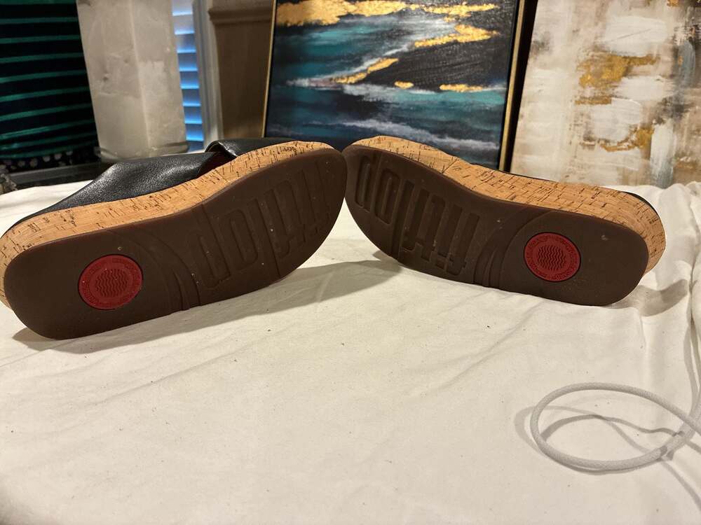 FitFlop Women's Black Leather Cross Slide Wedge Sandals - Picture 3 of 4